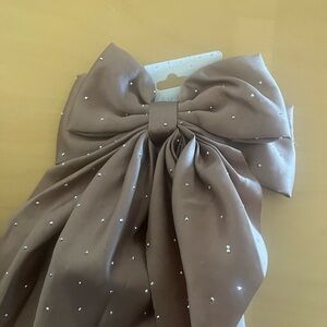 Brown Satin Bow Hair Clip with Rhinestones